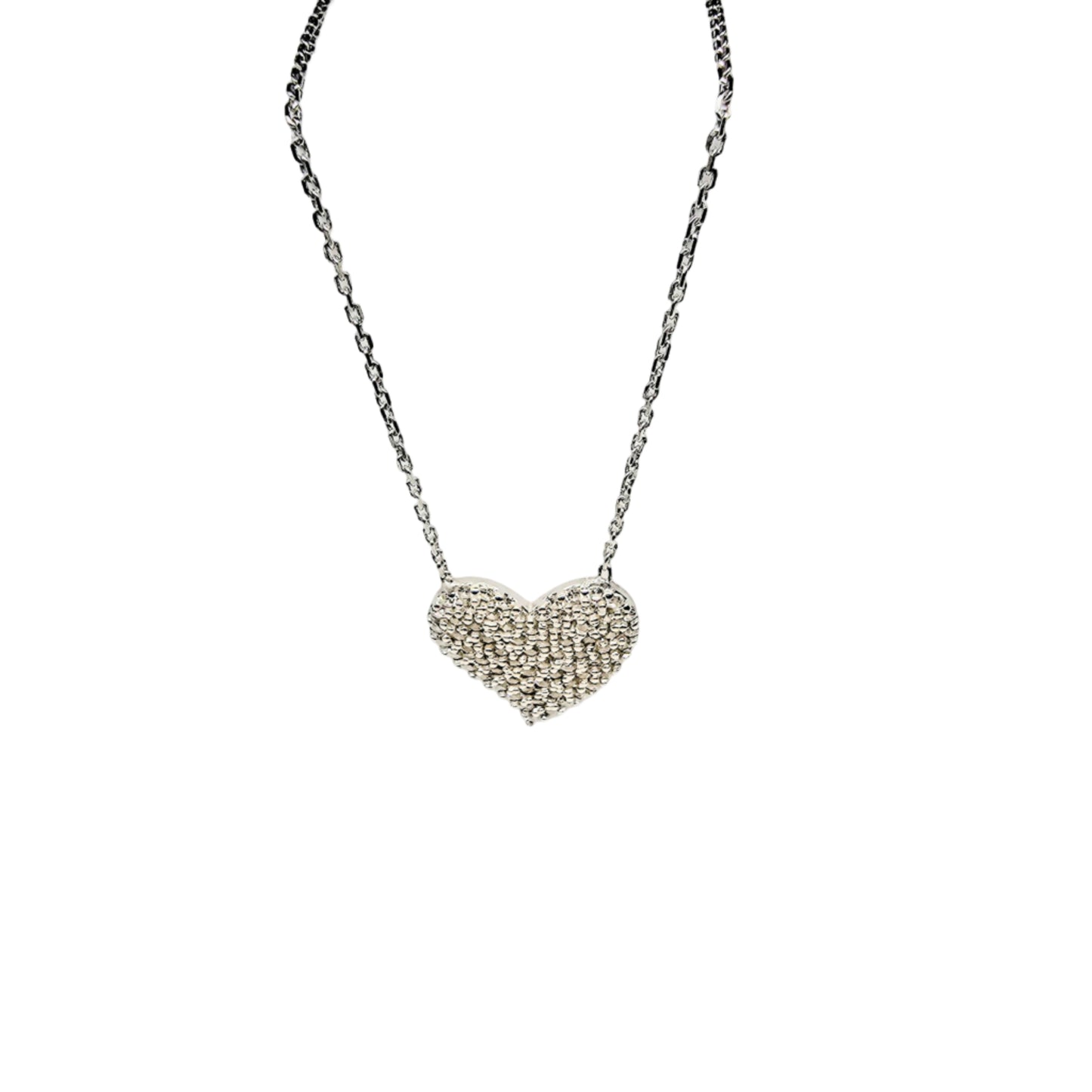 Sterling silver pavé heart pendant necklace against a white box background