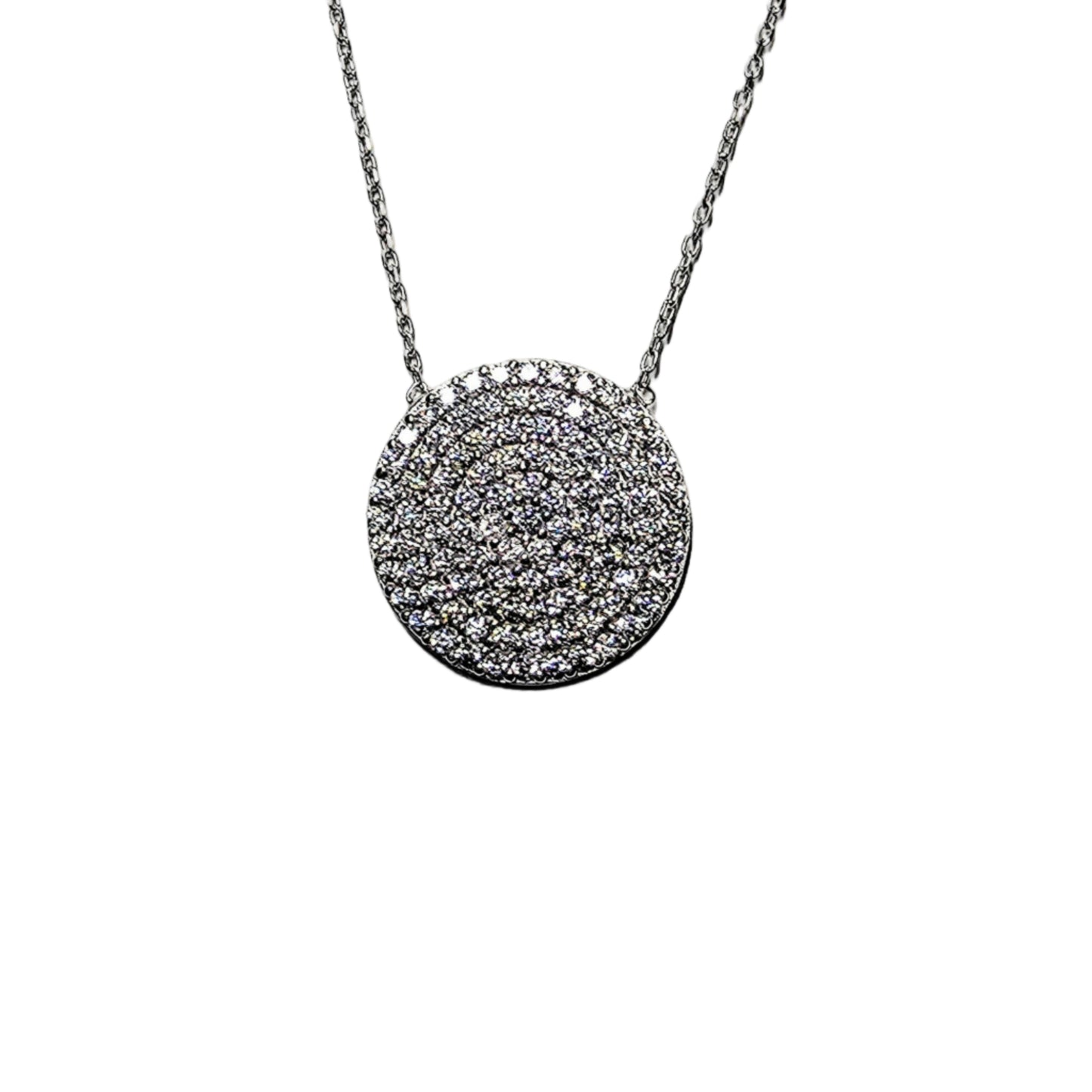 Sterling silver pavé circle pendant necklace on a white background