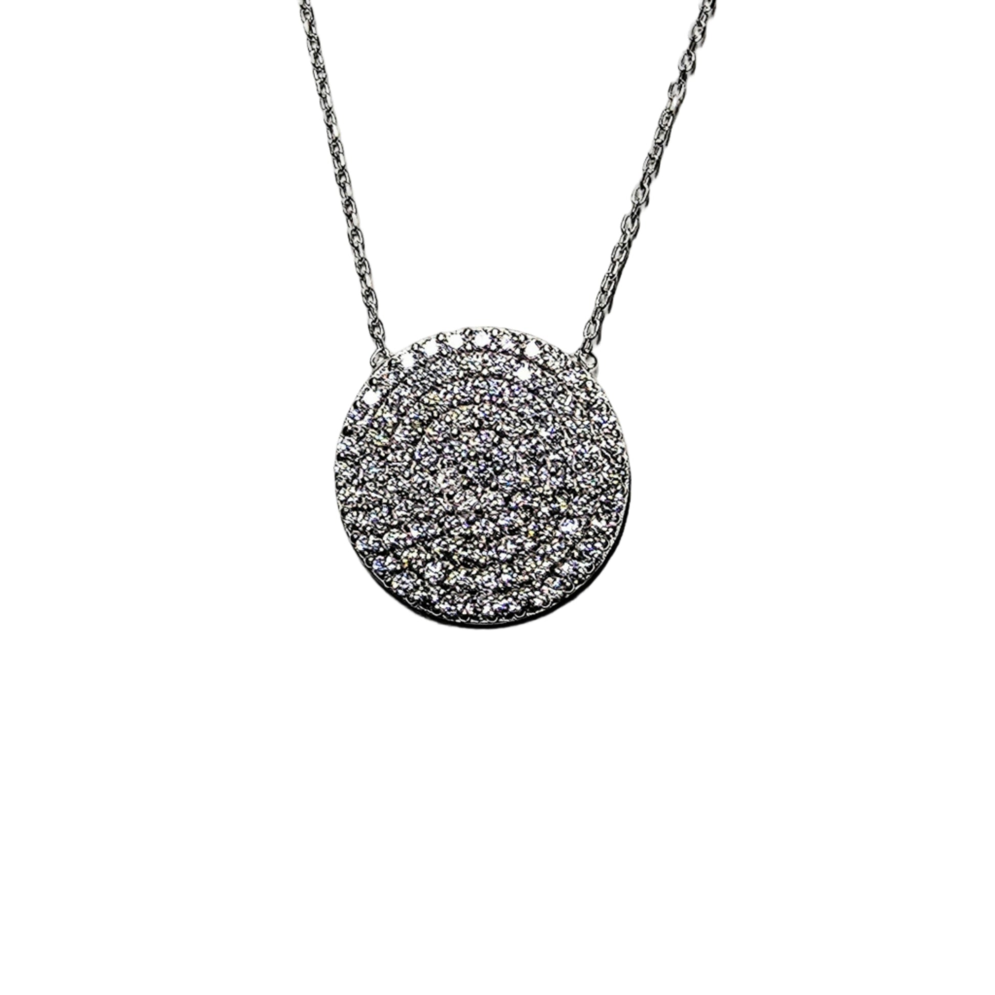 Sterling silver pavé circle pendant necklace on a white background