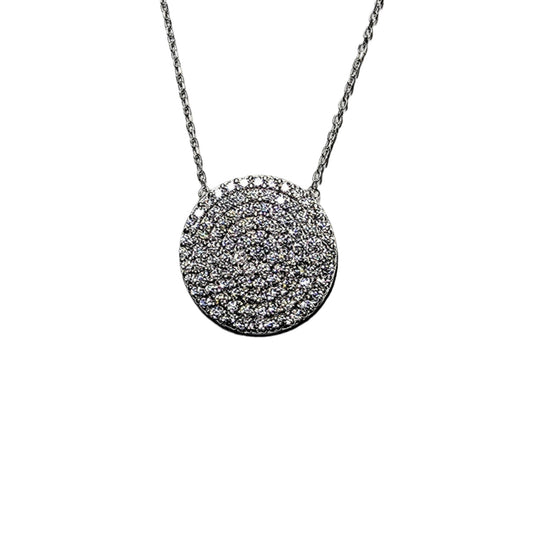 Sterling silver pavé circle pendant necklace on a white background