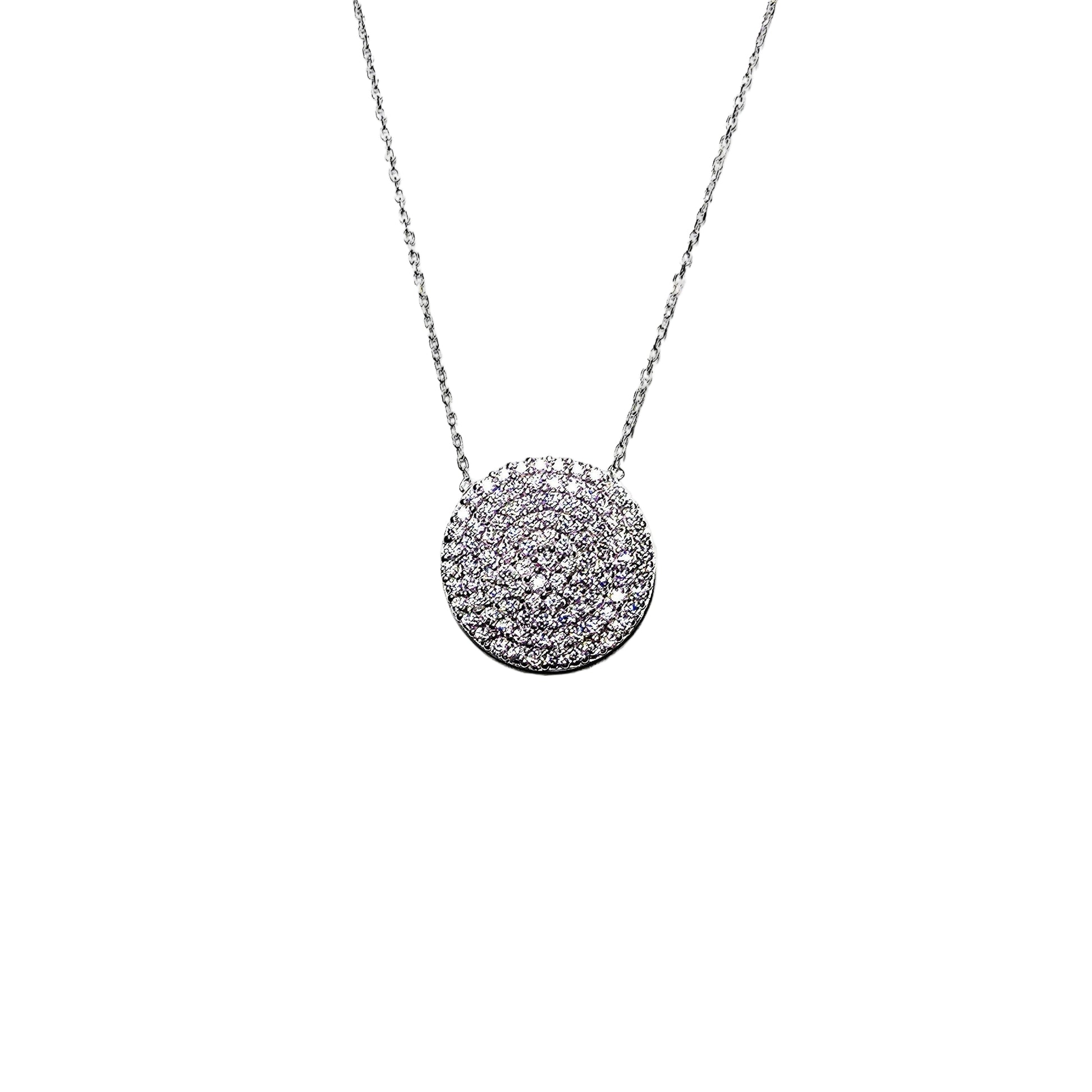 Sterling silver necklace featuring a round pavé cubic zirconia pendant on a clean white background