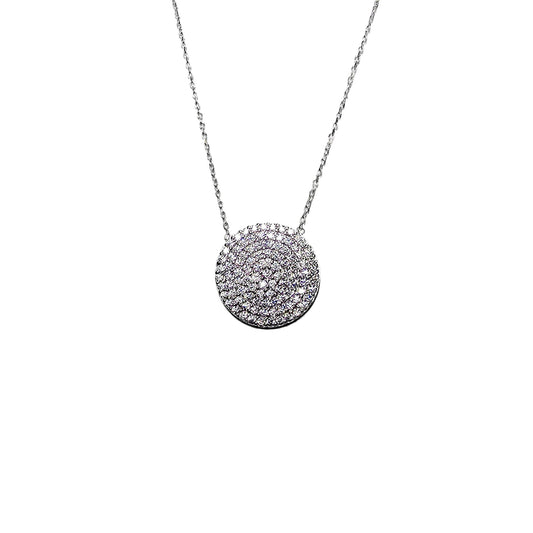 Sterling silver necklace featuring a round pavé cubic zirconia pendant on a clean white background