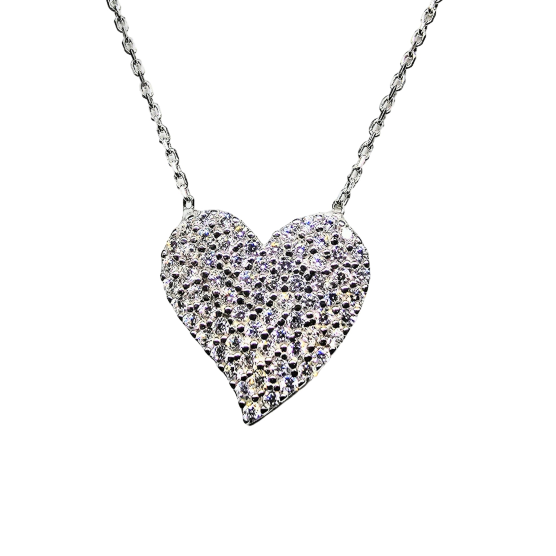 Close-up of sterling silver pavé heart pendant necklace with sparkling cubic zirconia on a white background