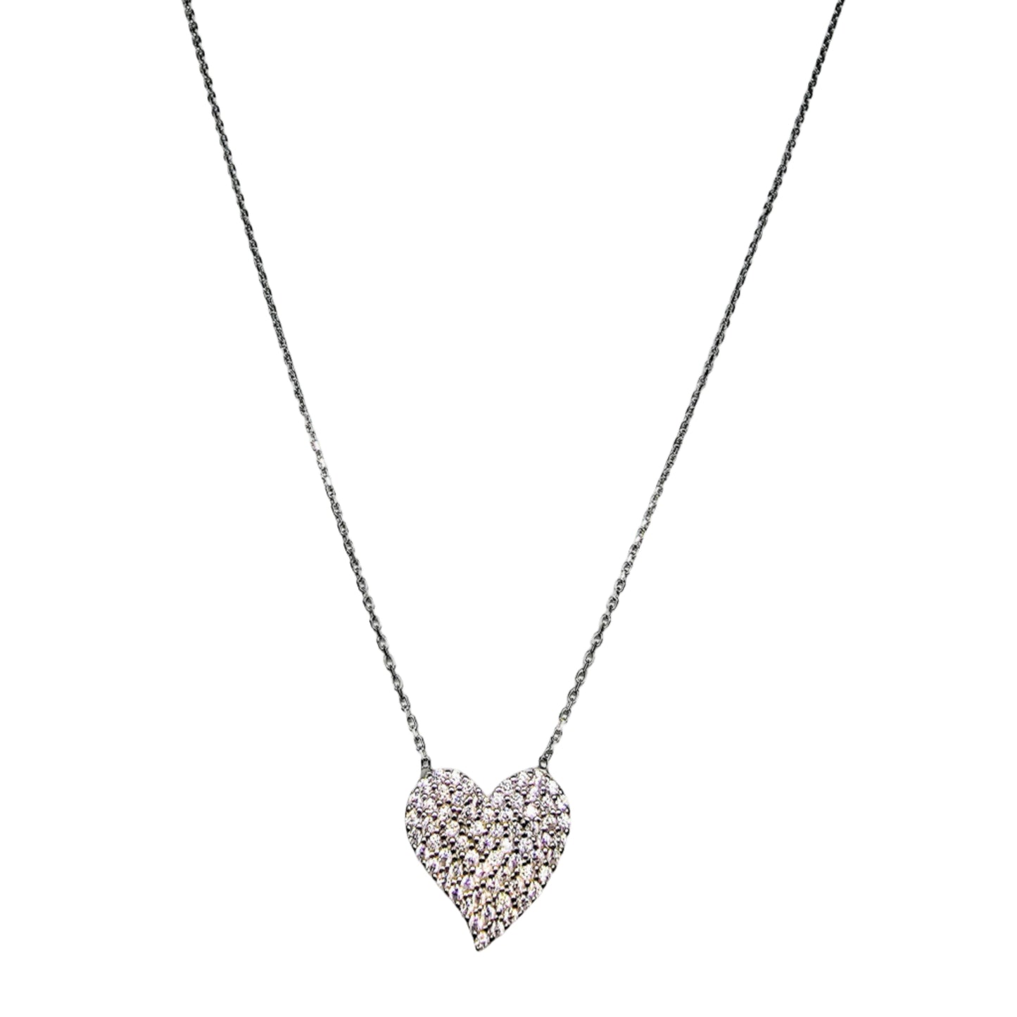 Sterling silver pavé heart pendant necklace on a white background