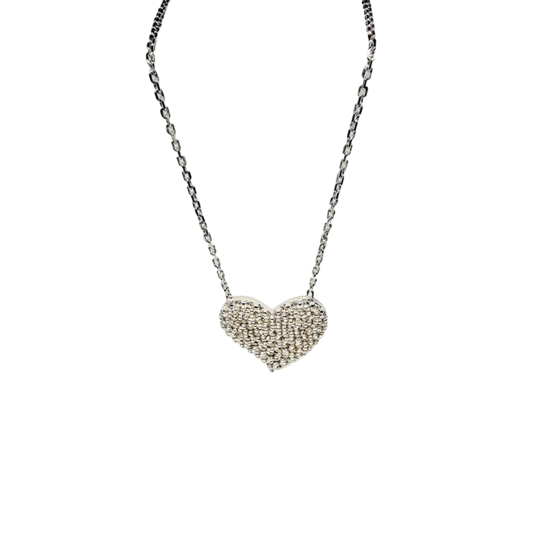 Sterling silver pavé heart pendant necklace against a white box background