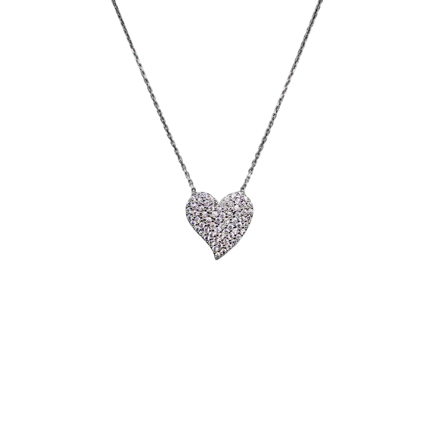 Sterling silver pavé heart pendant necklace centered on a white background