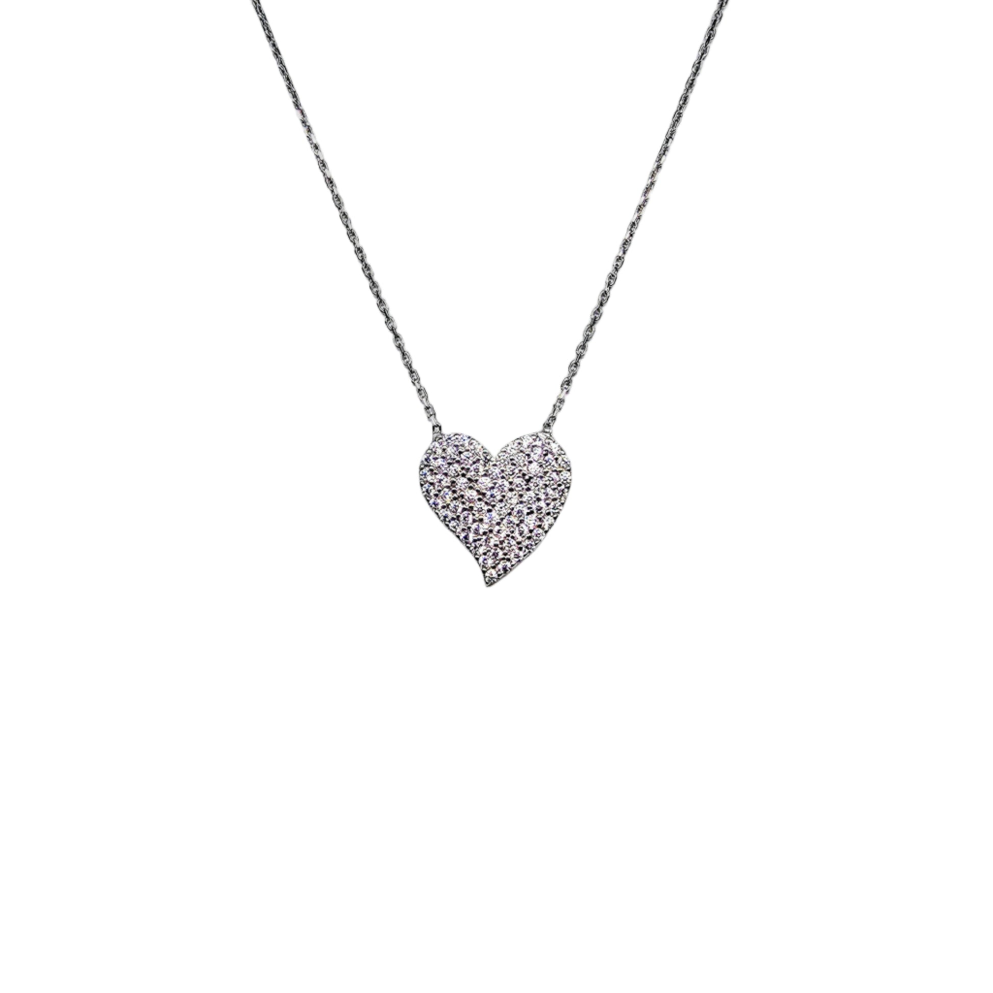 Sterling silver pavé heart pendant necklace centered on a white background